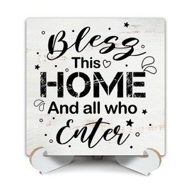 Housewarming Gifts New Home Desk Decor Wood Sign With Stand, Bless This Home, Christian Religious Gifts for Women Men, New House Gift Home Decor Plaque for Living Room Kitchen Table Shelf - b035