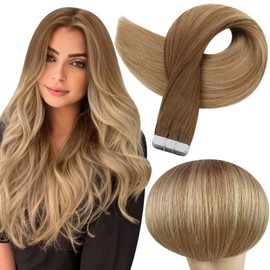 Full Shine Tape in Extensions Human Hair Extensions for Women 16 Inch Tape in Hair Extensions Balayage Color 10/14 Blonde Real Hair Extensions Tape in 50 Grams 20 Pieces