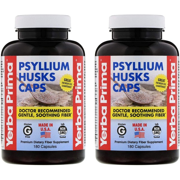 Yerba Prima Psyllium Husk Caps - 180 Capsules (Pack of 2) - Easy to Swallow Fiber Supplement - Colon Cleanse - Gut Health - Vegan Non-GMO Gluten Free