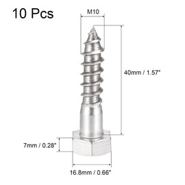 sourcing map Hex Lag Screws, M10 x 40mm 304 Stainless Steel Half Thread Self-Tapping Bolts for Wood Screw 10Pcs