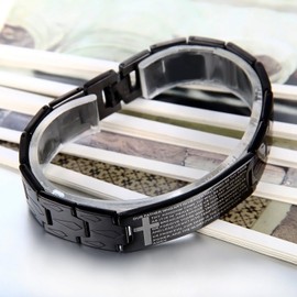 Flongo Edelstahl Armband Armreif Link Handgelenk Schwarz Spanisch Bibel Herr Gebet Kruzifix Kreuz Klassiker Herren