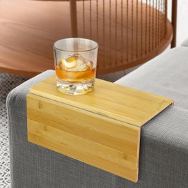 Bamboo Sofa Arm Tray Foldable Wooden Armrest Couch Organiser for Drinks, Bowl, Snack, Magazine, Remote - Couch Protector Laptop and Tablet Holder 36cm x 25cm x 1cm