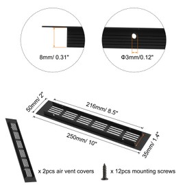 sourcing map Rectangle Ventilation Grille, Aluminum Alloy Mesh Air Vent Cover Louvered Ventilation Cover with Mounting Screws for Cabinet Wardrobe Shoe Closet (250x50mm/10"x2", Black)