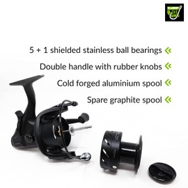 Carp On - TB40 FREESPOOL 6BB Fishing Reel (5 plus 1) Fixed Spool Predator Spinning Reel With Spare Spool - For Pike, Zander, Carp, Bream, Tench [11-0940]