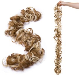 Long Fluffy Messy Bun Hair Piece Scrunchy DIY Wrap around Touseld Updo Hair Extensions Ponytail Curly Wavy Chignon Hairpieces Blonde Highlight