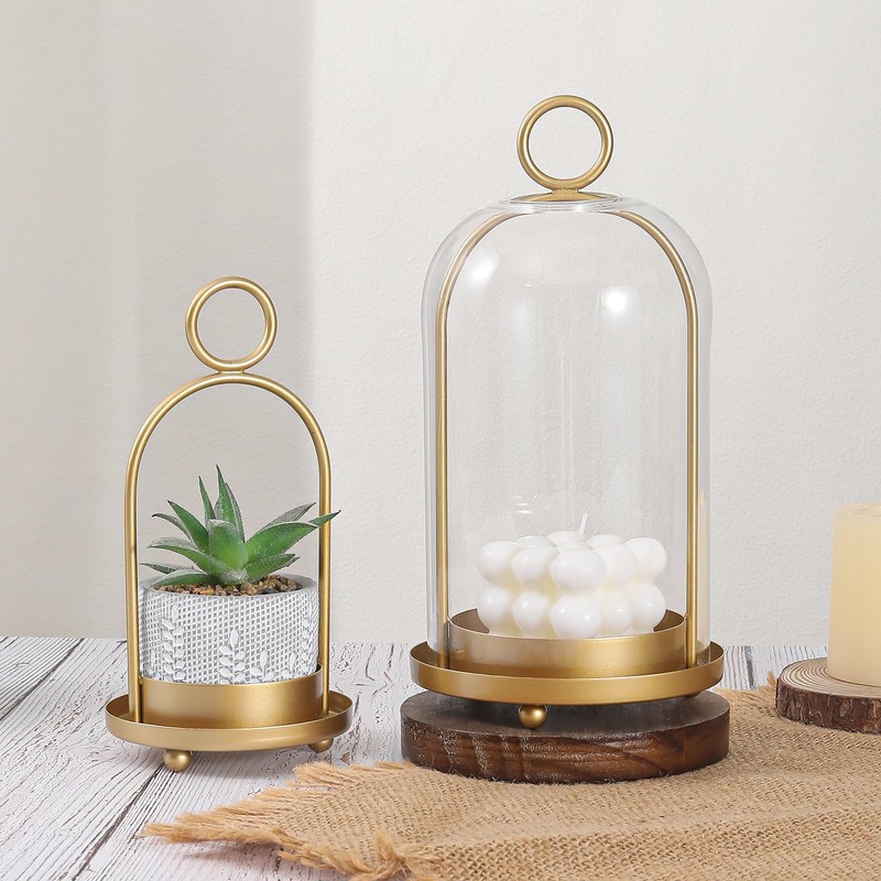 Versatile Metal Candle Holder Set with Handmade Glass Dome,Antique Brass