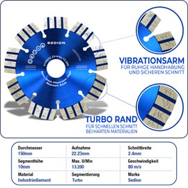 SEDION ® Diamond Cutting Disc 150 mm - Cutting Disc for Separating Stone Concrete Reinforced Concrete Paving Stones Clinker Granite Asphalt Basalt - 150 mm x 22.23 - SEDION Premium Quality - Diamond