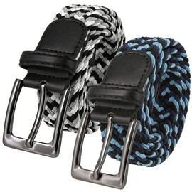 2 Count Men's Stretch Belt Braided Elastic Stretch Belt Casual Weave Canvas Fabric Woven Belt 1-3/8" Wide (Black/Blue/Navy- Black/Gray/White, M)