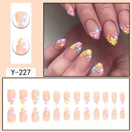 Press on Nails for Women Short Flowers French Almond Nail Tips Acrylic Nail Fake Nails Press 24 Pcs (Pink-04, S-04)