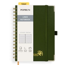 POPRUN Spiral Bullet Lined Journal Notebook, [A5 Size] - 120 Gsm Thick Paper, 141 Numbered Pages, Wirebound Notepad for Men & Women with Pocket, Index Tabs, 8 Perforated Sheets, Olive