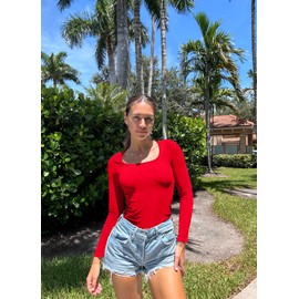 OQQ Women's Bodysuits Ruched Long Sleeve Square Neck Lounge Stretch Travel Bodysuits Red