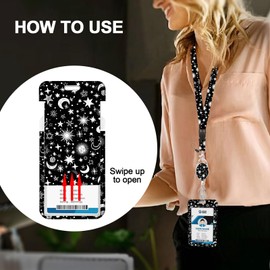 ID Badge Holder with Retractable Reel Clip and Detachable Lanyard Strap,for Offices,Staff,Students,Employees(Moon Stars)