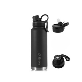 DRoche Water Bottle 2 lids Straw and Spout | Double Wall Insulated Stainless Steel | 32oz_24oz | BPA Free | Wide Mouth (Black, 32oz)