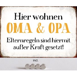 Metal Sign 20 x 30 cm with 4 Magnets Hier wohnen Oma & Opa Saying Tin Sign