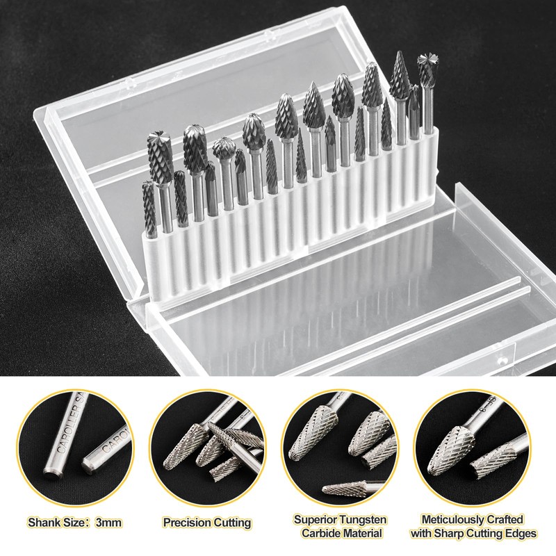CaRoller Tungsten Carbide Burr Set, 1/8" Shank 20PC Double Cut