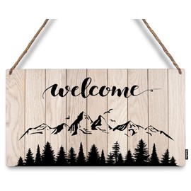 Mdulftar Mountain Landscape Welcome Door Sign Woodland Wooden Hanging Sign Rustic Front Door Hanger Sign 12" x 6" Rectangular for Home Porch Window Decor
