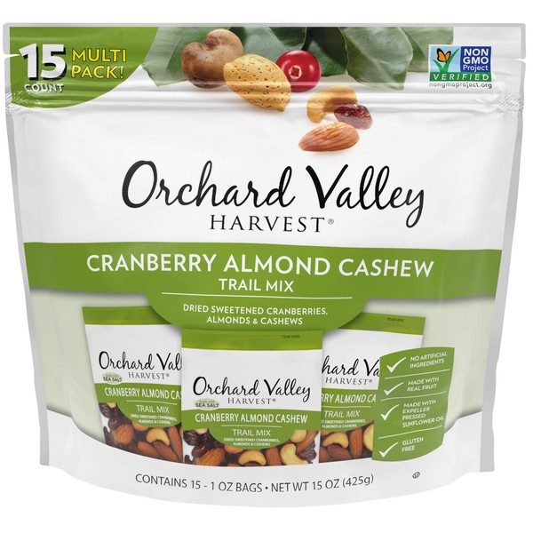 ORCHARD VALLEY HARVEST Cranberry Almond Cashew Trail Mix, 1 oz (Pack of 15), Non-GMO, No Artificial Ingredients
