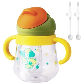 Sippy Cup for Baby Months 6+, Weighted Straw Non Spill Cup for Toddlers, Baby Straw Cup with Handles, Spill-Proof, Leak-Proof Soft Spout Cup 260ml, BPA Free (Yellow with 2 Straws)