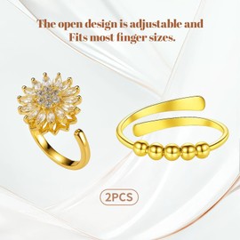 BbiuRer Anxiety Gold Ring, 2 Rotating Cubic Zirconia Rings, Anti Stress for Women, Fidget Ring for Stress Relief, Elegant Gift for Occasions