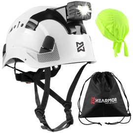 HEARMOR Work at Height Industrial Helmet Adult Construction Helmet LED Head Torch Including ABS Protective Helmet Certification EN12492 Passed EN397 Shock Absorption and Penetration Resistance Test
