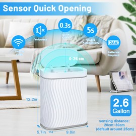 Bathroom Small Trash Can with Automatic Touchless Lid, 2.6 Gallon Smart Garbage Can Narrow Waterproof Trash Bin for Bedroom, Office, Living Room