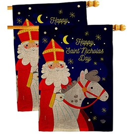 Saint Nicholas Day Burlap House Flags 2 pcs Pack Wintertime Winter Wonderland Snowflake Snowman Ice Skate Season Snow Small Decorative Gift Yard Banner Double-Sided Made In USA 28 X 40