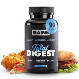 Gains in Bulk Total Digest, Digestive Enzymes, Prebiotics and Probiotics for Digestive Health, Bloating Support, Gut Health for Women and Men, Promotes Protein, Carb and Fat Digestion, 90 Capsules