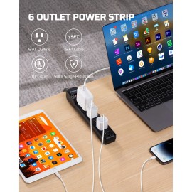 DEWENWILS 6-Outlet Power Strip Surge Protector, 15FT Long Extension Cord, 15 A