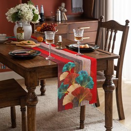LRartdeco Table Runner Autumn Decoration Table Runner Modern Table Runner Red and Brown Grey Wood Look Stripes Runner Table Ginkgo Biloba Linen Tablecloth 40 x 140 cm for Holiday Party Dining Table
