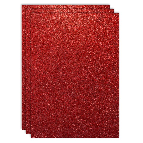 RAYLU PAPER - 3 x A4 200gsm Coloured Glitter Card Sheets with Glitter for Crafts (Red)