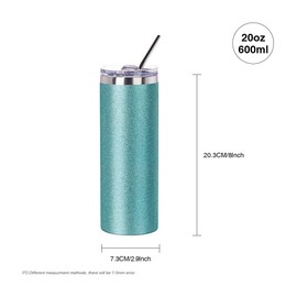 PYD Life Sublimation Blank Glitter Skinny Tumbler Teal 20 OZ Straight Stainless Steel Coffee Cups with Lid and Metal Straw for Tumbler Heat Press Sublimation Oven Printing 4 Pack