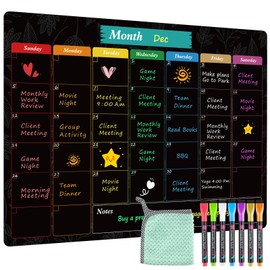 MaxGear Monthly Black Magnetic Calendar for Refrigerator, 16" X 12" Fridge Chalkboard, Magnetic Dry Erase Calendar White Board Planning Board for Fridge with 7 Fine Point Markers,1 Cloth
