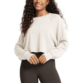 ODODOS Modal Soft Long Sleeve Cropped Sweatshirts with Thumb Hole for Women Crew Neck Pullover Crop Top, Ivory, Medium