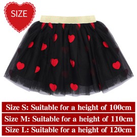 Girls Tulle Tutu Skirt with Red Heart Embroidery for Valentine's Day Party (Black, L)