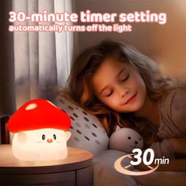 Emmanoth Mushroom Night Light, Squishy Silicone Lamp - Tap Control 2 Brightness, 50H Battery & Auto Timer, Cute Valentines Gifts for Kids, Bedside Nursery Desk Mushroom Decor