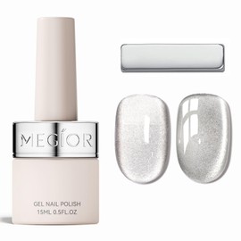 MEGIOR Silver Moonlight Cat Eye Gel Nail Polish 15 ML Glitter Holographic Magnetic Spring Summer Gel Polish with Magnet Soak Off UV/LED Nail Art Salon Manicure DIY at Home