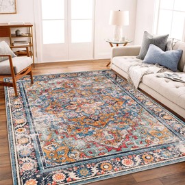 CHAMPLANT Washable Area Rug 9'x12' Boho Chic Medallion Distressed Design Non-Shedding Easy Care Ideal for High Traffic Areas in Living Room Bedroom Office Coffee Table Large Carpet