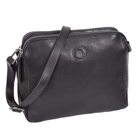 Womens Real Leather Crossbody Sling Bag Classic Style Twin Zip Top Pockets Organiser (Black)