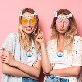CHRORINE 4 Pieces Hippie Costume Set Hippie Sunglasses Peace Sign Necklace Headband for Women Men Hippie Party Decorations