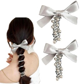 2pcs Silver Bow Tie Telephone Wire Spiral Hair Tie No Crease Ponytail Hair Band Elastic Coils for Women and Girls