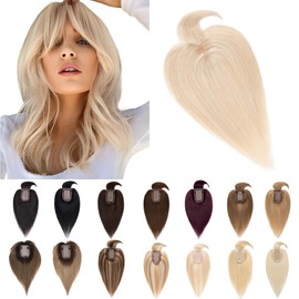 SEGO Hair Toppers for Women Real Human Hair With Bangs, 7 * 13CM Silk Base 100% Remy Human Hair Clip in Top Wiglet Hairpieces Add Volume //6 Inch Ash Blonde&Bleach Blonde