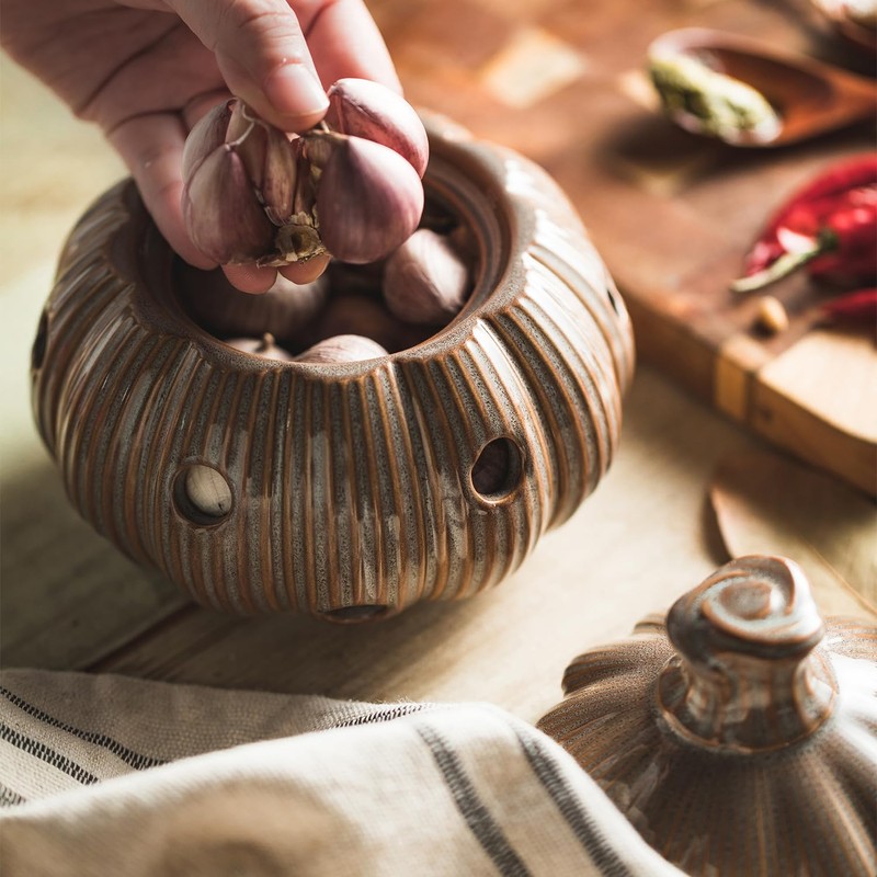 Ceramic Garlic Keeper with Lid and Holes Garlic Saver and