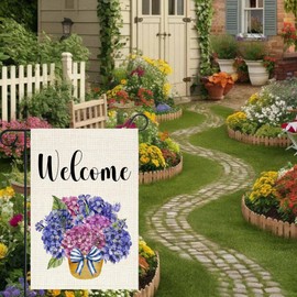 Welcome Spring Summer Hydrangea Garden Flag 12 x 18 Inch Double Sided, Burlap Floral Flower Welcome Yard Outdoor Flag