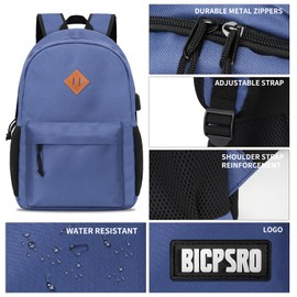 Lightweight Blue Backpack for Men Women, School Backpack for Boys Girls Teens, 15.6 Inch Laptop Daily Use back pack with USB Charger, College High School Bookbag for Student Notebook Bag,Daypack Gift