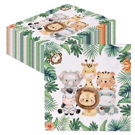 GROVBLE Pack of 40 Napkins for Children's Birthday, Jungle Party Motif, Animals, Leaves, Green for Forest Animals, Birthday and Napkins Animals, 33 x 33 cm, Boys Table Decoration, Party Decoration