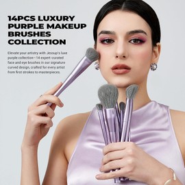 Jessup Set de Brochas de Maquillaje Profesional 14pcs Pinceles Maquillaje de Vegano para Base, Sombra, Corrector, Contorno, Rubor y Delineador, Fibra Sintética Premium, Morado T512