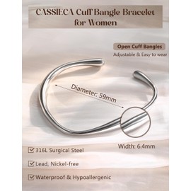 CASSIECA Silver Bracelets for Women Adjustable Silver Cuff Bangle Bracelet Silver Chunky Square Open Bracelets 316L Stainless Steel Women's Jewelry Christmas Birthday Gifts with Box