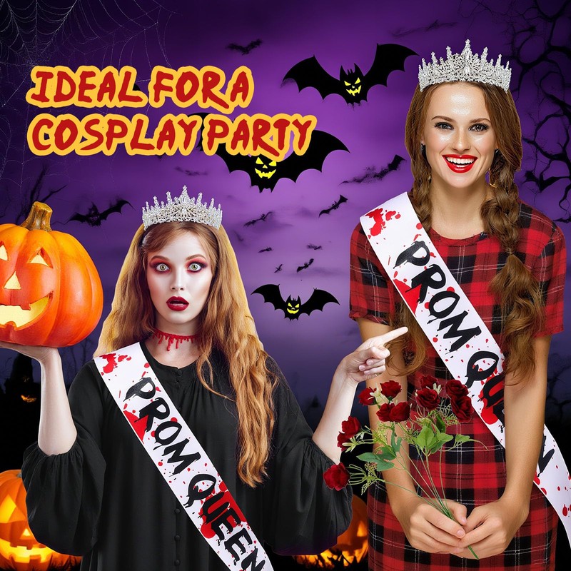 3 Pcs Halloween Prom Queen Crowns and Sashes Set Bloody