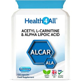Acetyl L-Carnitine 250mg & Alpha Lipoic Acid 200mg 120 Capsules (V) Vegan ALCAR ALA Capsules. Made in The UK by Health4All