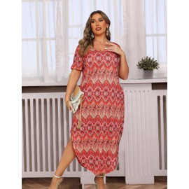HBEYYTO Plus Size Short Sleeve Maxi Dresses for Women 2024 Floral Printed V Neck Slit Long Sundress with Pockets Orange